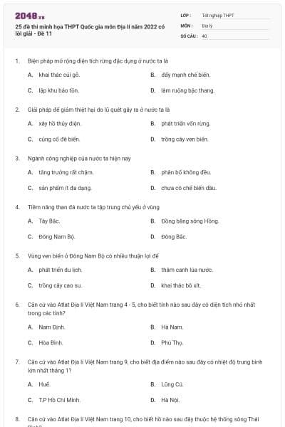 25 đề thi minh họa THPT Quốc gia môn Địa lí năm 2022 có lời giải - Đề 11