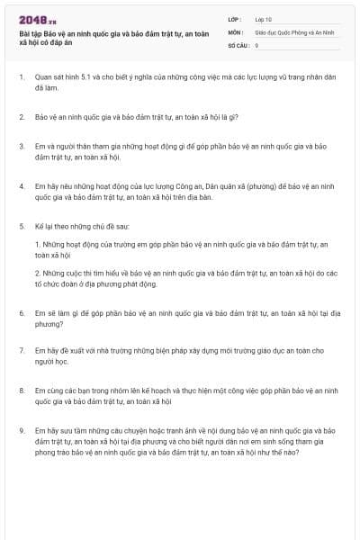 Bài tập Bảo vệ an ninh quốc gia và bảo đảm trật tự, an toàn xã hội có đáp án