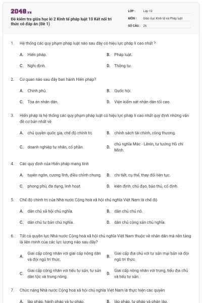 Đề kiểm tra giữa học kì 2 Kinh tế pháp luật 10 Kết nối tri thức có đáp án (Đề 1)