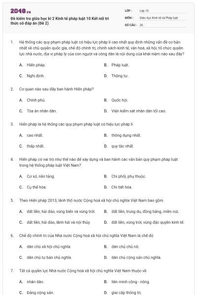 Đề kiểm tra giữa học kì 2 Kinh tế pháp luật 10 Kết nối tri thức có đáp án (Đề 2)