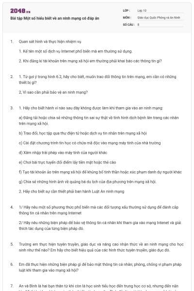 Bài tập Một số hiểu biết về an ninh mạng có đáp án