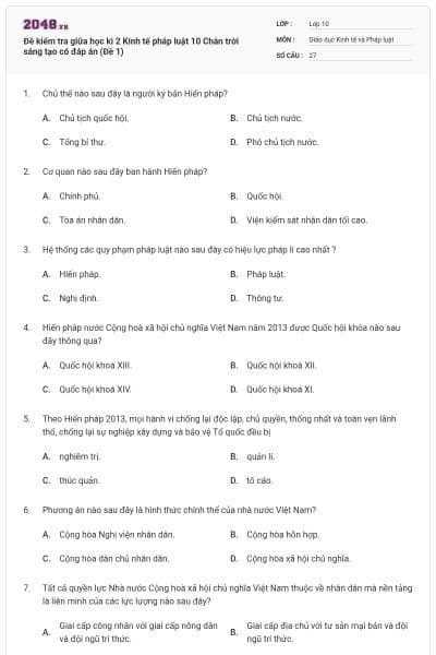 Đề kiểm tra giữa học kì 2 Kinh tế pháp luật 10 Chân trời sáng tạo có đáp án (Đề 1)