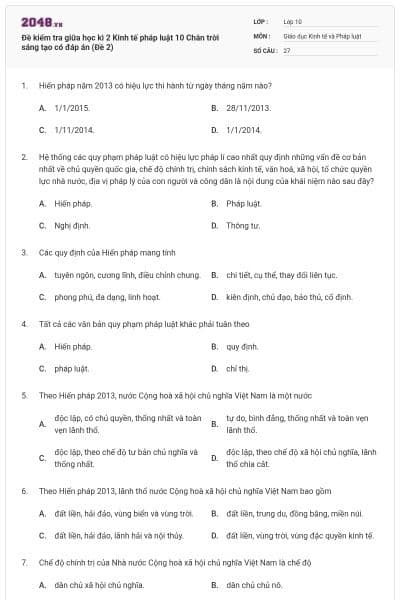 Đề kiểm tra giữa học kì 2 Kinh tế pháp luật 10 Chân trời sáng tạo có đáp án (Đề 2)