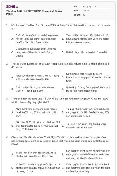 Tổng hợp Đề thi thử THPTQG 2019 Lịch sử có đáp án ( Phần 8)