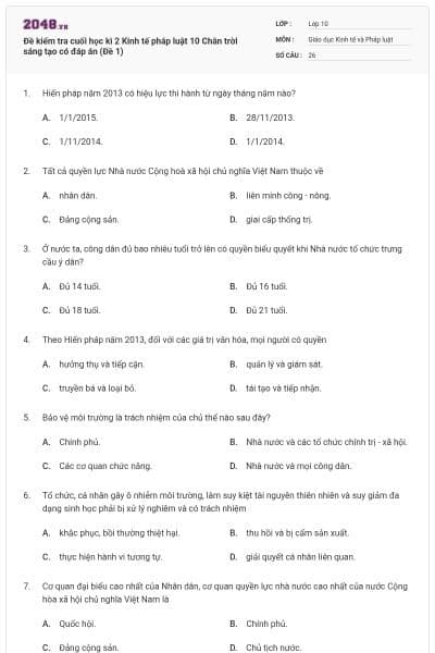 Đề kiểm tra cuối học kì 2 Kinh tế pháp luật 10 Chân trời sáng tạo có đáp án (Đề 1)