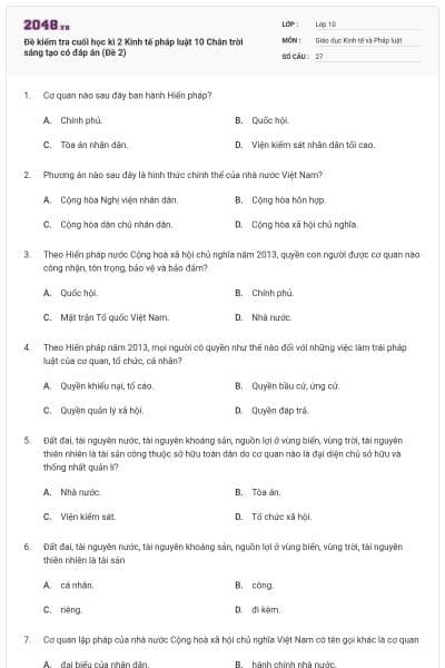 Đề kiểm tra cuối học kì 2 Kinh tế pháp luật 10 Chân trời sáng tạo có đáp án (Đề 2)