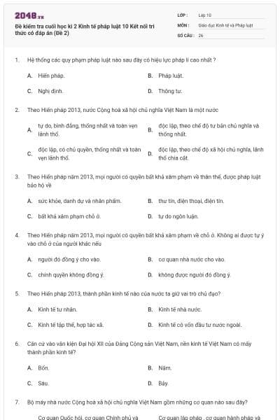 Đề kiểm tra cuối học kì 2 Kinh tế pháp luật 10 Kết nối tri thức có đáp án (Đề 2)