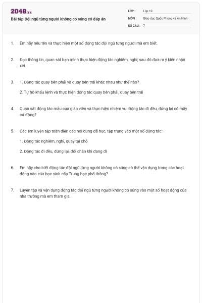 Bài tập Đội ngũ từng người không có súng có đáp án