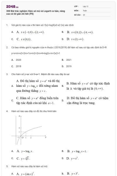 300 Bài trắc nghiệm Hàm số mũ và Logarit cơ bản, nâng cao có lời giải chi tiết (P8)