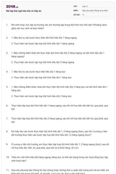 Bài tập Đội ngũ tiểu đội có đáp án