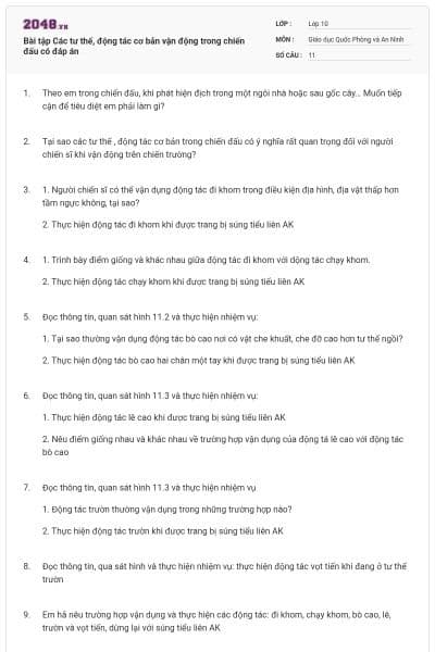 Bài tập Các tư thế, động tác cơ bản vận động trong chiến đấu có đáp án