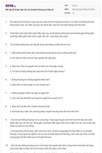 Bài tập Kĩ thuật cấp cứu và chuyển thương có đáp án