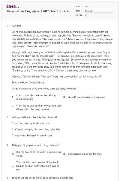 Bài tập cuối tuần Tiếng Việt lớp 3 KNTT - Tuần 6 có đáp án