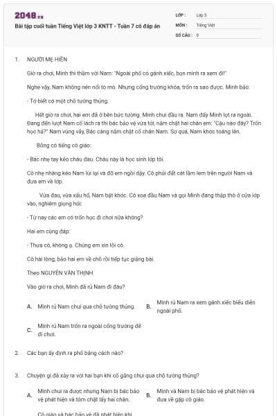 Bài tập cuối tuần Tiếng Việt lớp 3 KNTT - Tuần 7 có đáp án