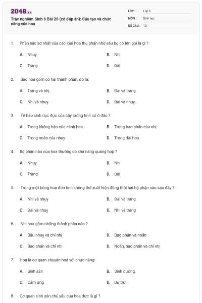 Trắc nghiệm Sinh 6 Bài 28 (có đáp án): Cấu tạo và chức năng của hoa
