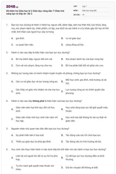 Đề kiểm tra Giữa học kì 2 Giáo dục công dân 7 Chân trời sáng tạo có đáp án- Đề 2