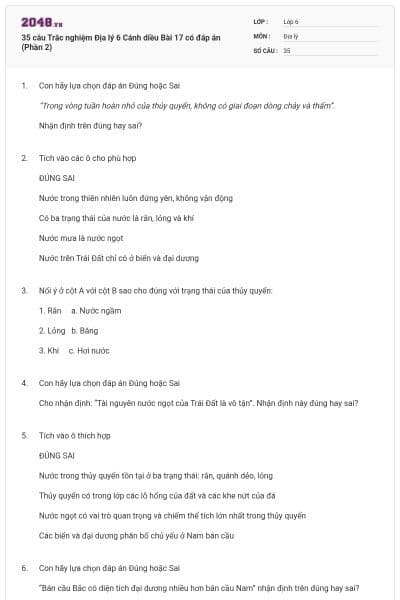 35 câu Trắc nghiệm Địa lý 6 Cánh diều Bài 17 có đáp án (Phần 2)