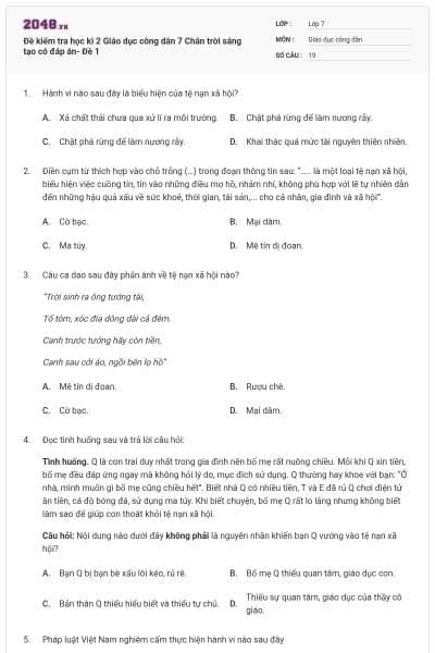 Đề kiểm tra học kì 2 Giáo dục công dân 7 Chân trời sáng tạo có đáp án- Đề 1