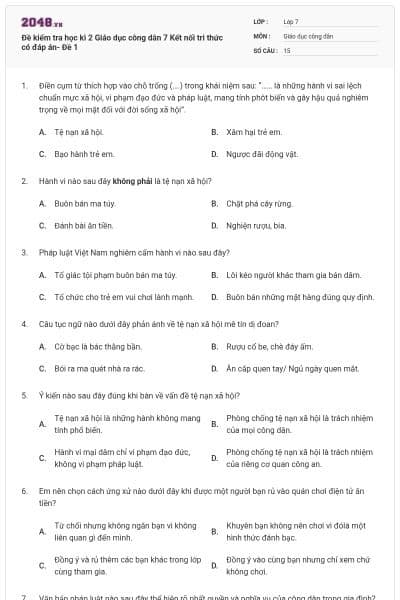Đề kiểm tra học kì 2 Giáo dục công dân 7 Kết nối tri thức có đáp án- Đề 1