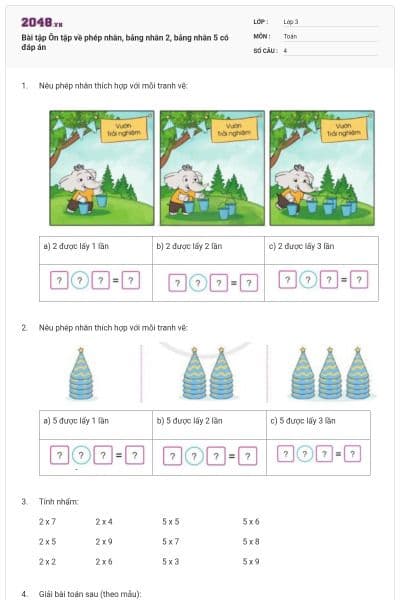 Bài tập Ôn tập về phép nhân, bảng nhân 2, bảng nhân 5 có đáp án