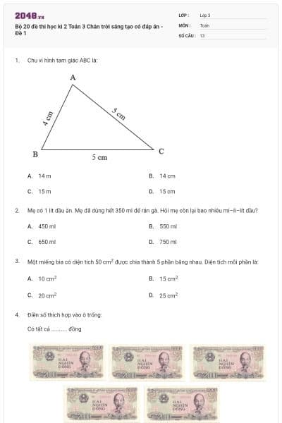 Bộ 20 đề thi học kì 2 Toán 3 Chân trời sáng tạo có đáp án - Đề 1
