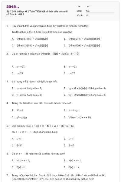 Bộ 12 Đề thi học kì 2 Toán 7 Kết nối tri thức cấu trúc mới có đáp án - Đề 1
