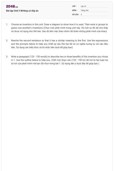 Bài tập Unit 5 Writing có đáp án