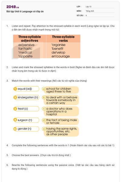 Bài tập Unit 6 Language có đáp án