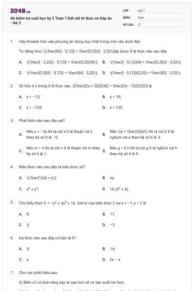 Đề kiểm tra cuối học kỳ 2 Toán 7 Kết nối tri thức có đáp án - Đề 2