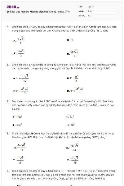 264 Bài trắc nghiệm Khối đa diện cực hay có lời giải (P4)