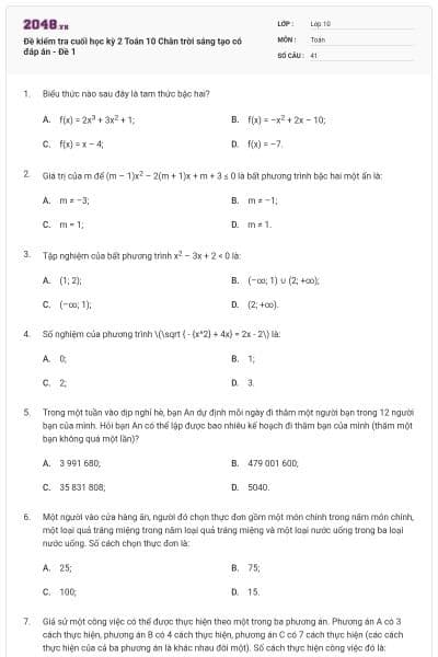 Đề kiểm tra cuối học kỳ 2 Toán 10 Chân trời sáng tạo có đáp án - Đề 1