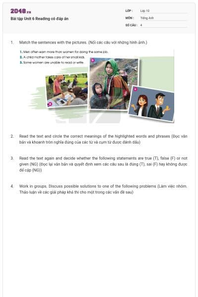 Bài tập Unit 6 Reading có đáp án