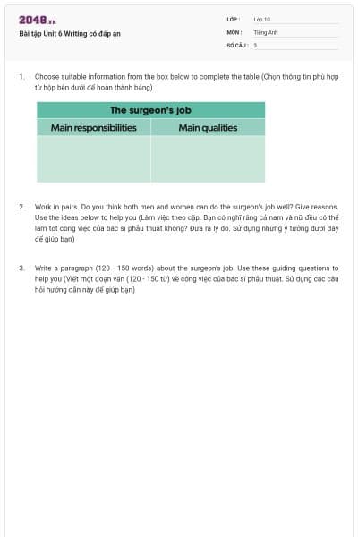 Bài tập Unit 6 Writing có đáp án