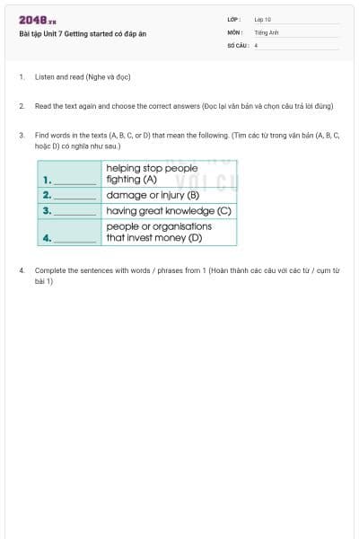 Bài tập Unit 7 Getting started có đáp án
