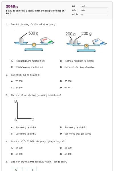 Bộ 20 đề thi học kì 2 Toán 3 Chân trời sáng tạo có đáp án - Đề 2