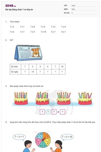Bài tập Bảng nhân 7 có đáp án
