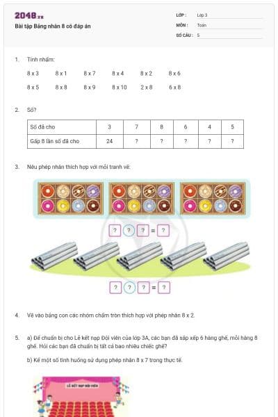 Bài tập Bảng nhân 8 có đáp án