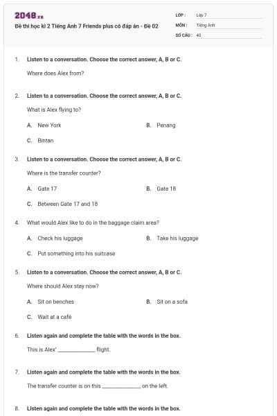 Đề thi học kì 2 Tiếng Anh 7 Friends plus có đáp án - Đề 02