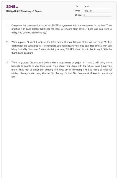 Bài tập Unit 7 Speaking có đáp án