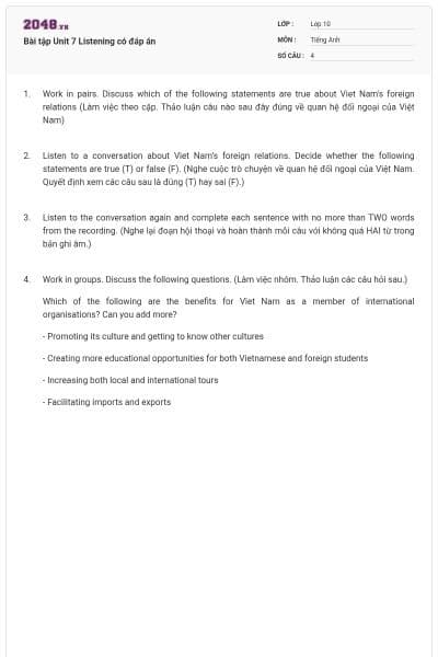 Bài tập Unit 7 Listening có đáp án