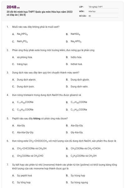 20 đề thi minh họa THPT Quốc gia môn Hóa học năm 2022 có đáp án ( Đề 8)