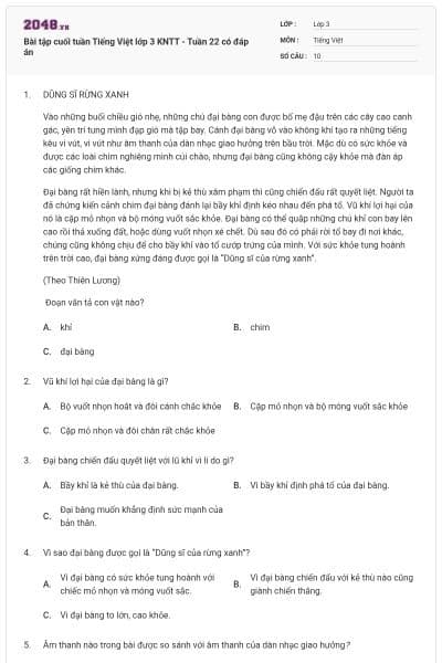 Bài tập cuối tuần Tiếng Việt lớp 3 KNTT - Tuần 22 có đáp án