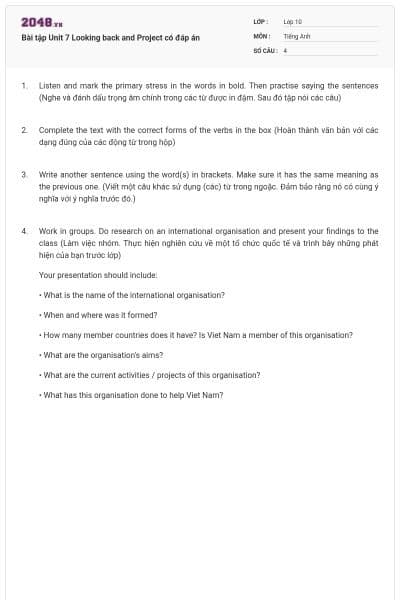 Bài tập Unit 7 Looking back and Project có đáp án