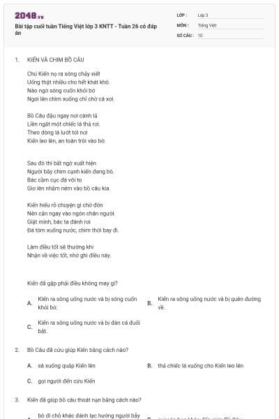 Bài tập cuối tuần Tiếng Việt lớp 3 KNTT - Tuần 26 có đáp án