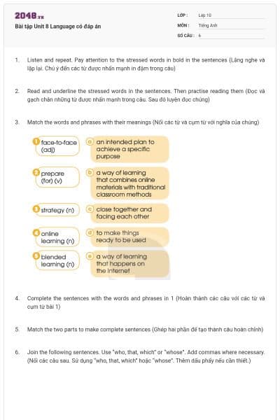 Bài tập Unit 8 Language có đáp án