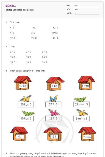 Bài tập Bảng chia 3 có đáp án