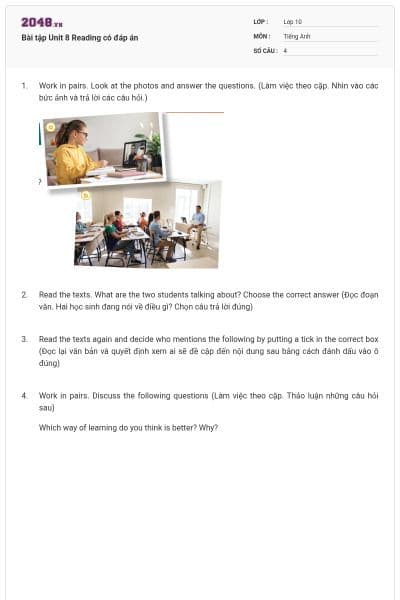 Bài tập Unit 8 Reading có đáp án