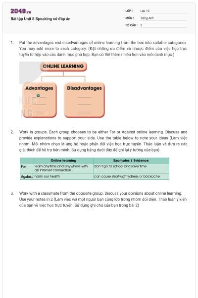 Bài tập Unit 8 Speaking có đáp án