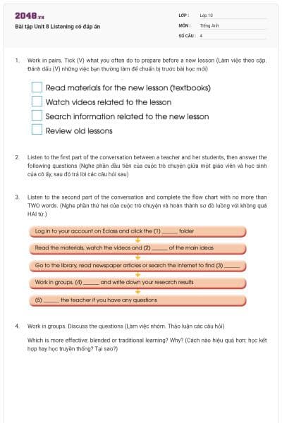Bài tập Unit 8 Listening có đáp án