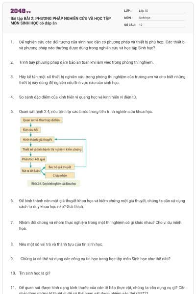 Bài tập BÀI 2: PHƯƠNG PHÁP NGHIÊN CỨU VÀ HỌC TẬP MÔN SINH HỌC có đáp án